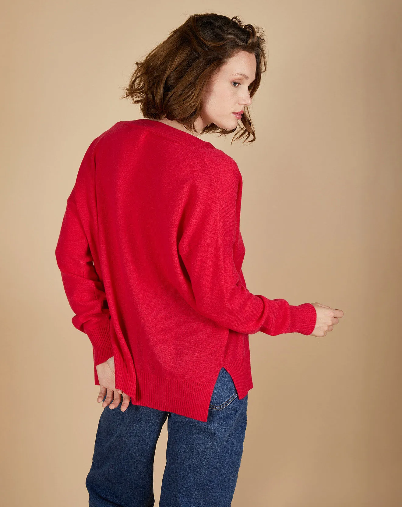 Pull ample 100% Cachemire Isidore col V fuchsia