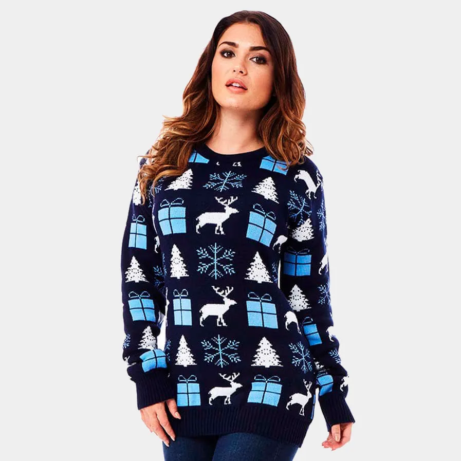 Pull de Nol pour Couple Bleu avec Rennes, Cadeaux et Sapins