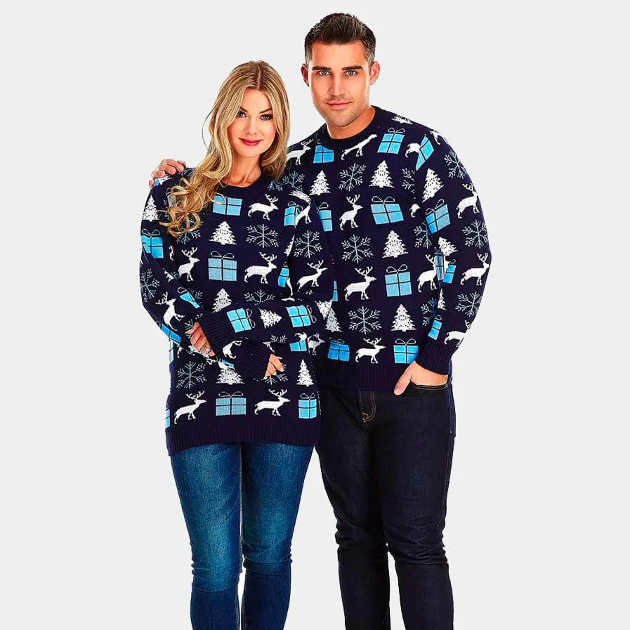 Pull de Nol pour Couple Bleu avec Rennes, Cadeaux et Sapins