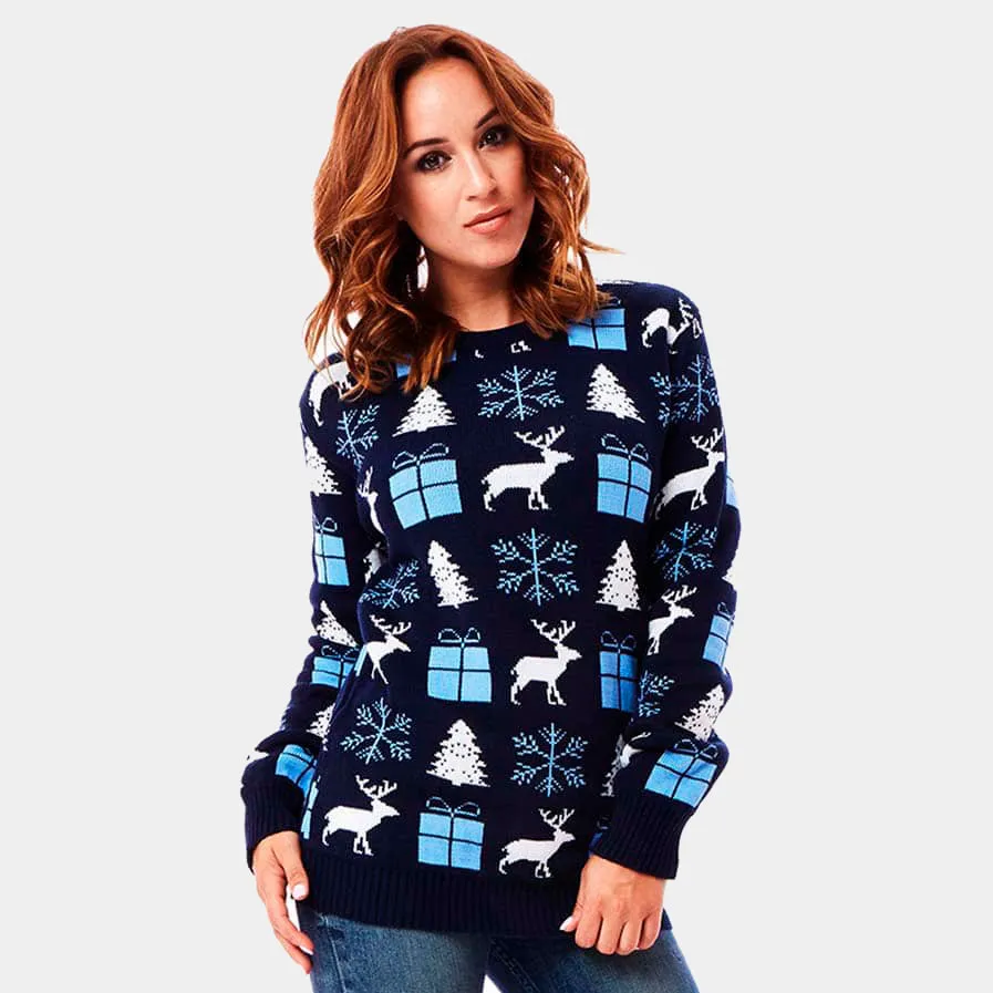 Pull de Nol pour Couple Bleu avec Rennes, Cadeaux et Sapins