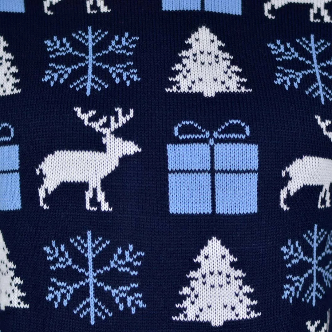 Pull de Nol pour Couple Bleu avec Rennes, Cadeaux et Sapins