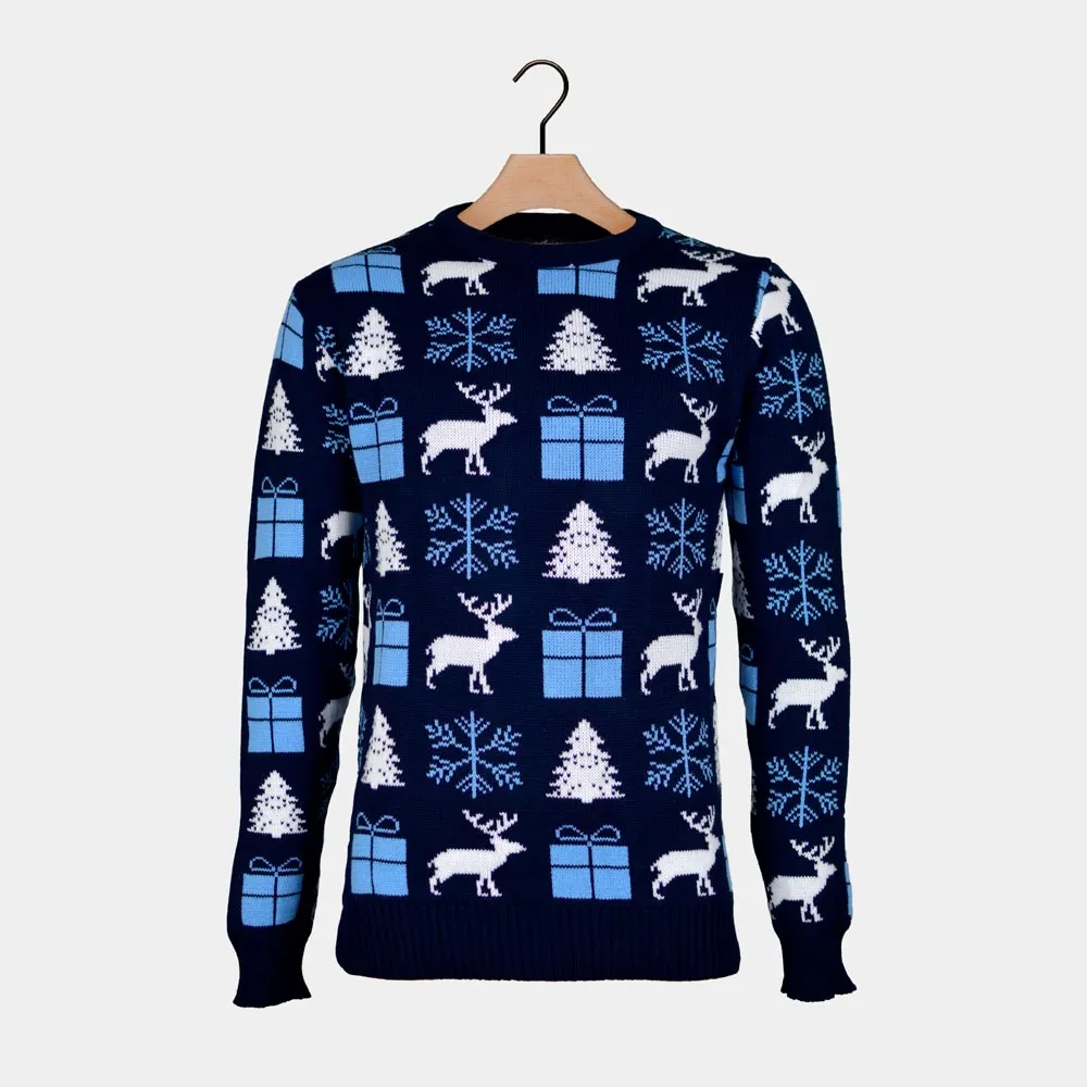 Pull de Nol pour Couple Bleu avec Rennes, Cadeaux et Sapins