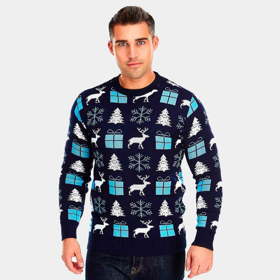 Pull de Nol pour Homme Bleu avec Rennes, Cadeaux et Sapins