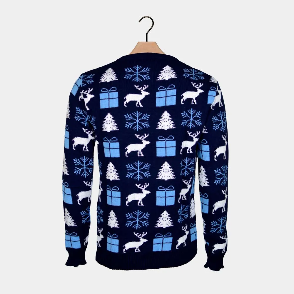 Pull de Nol pour Homme Bleu avec Rennes, Cadeaux et Sapins