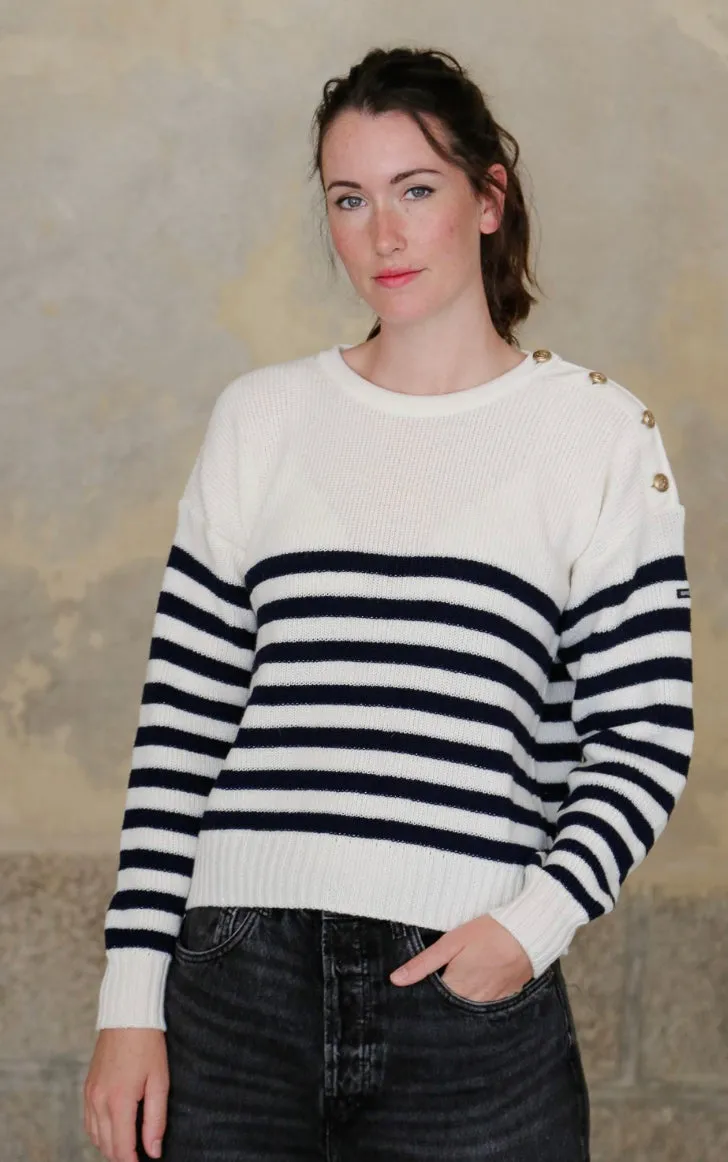 Pull marin femme Scorff boutons dorés ancre épaule