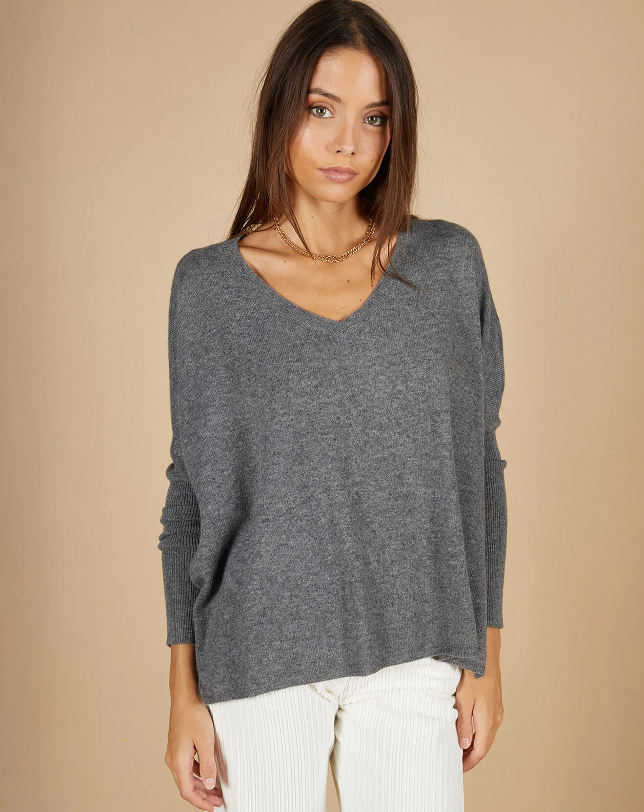 Pull poncho 100% Cachemire Emma col V gris chiné foncé