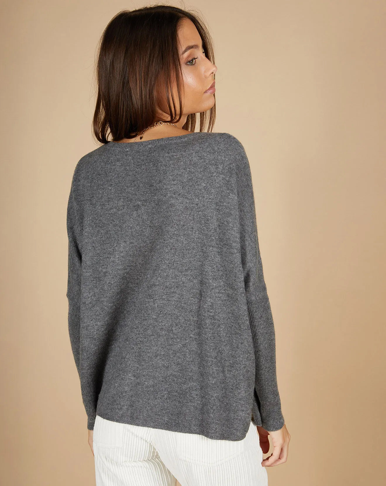 Pull poncho 100% Cachemire Emma col V gris chiné foncé