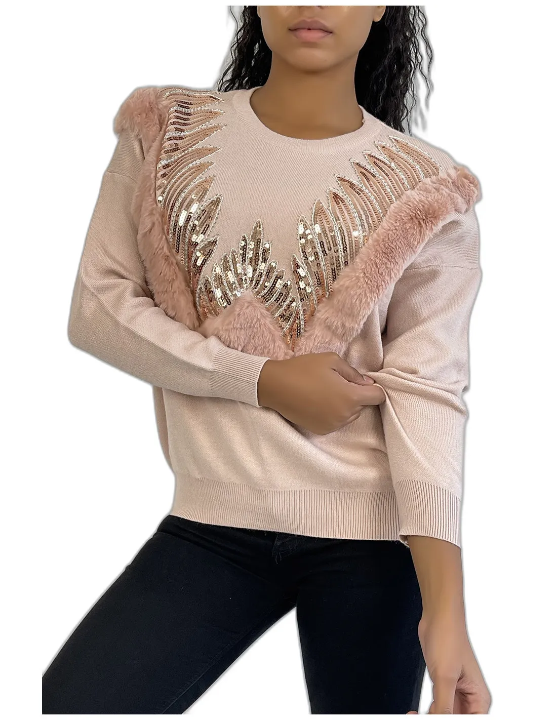 Pull rose à col rond et motif en fausse fourrure et strass