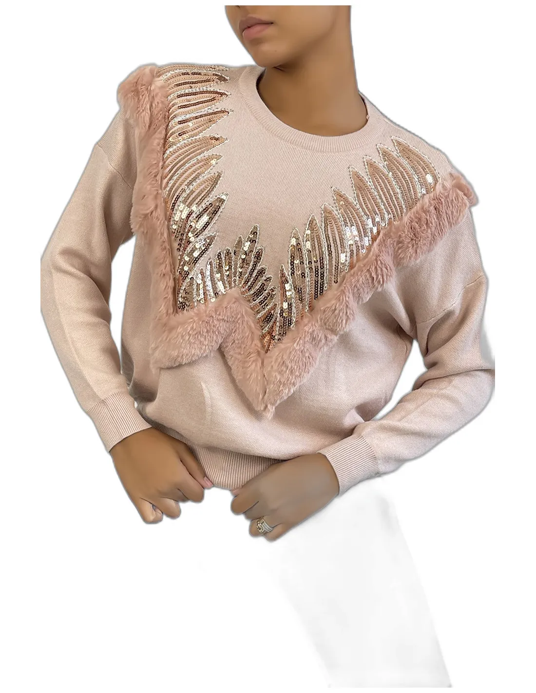 Pull rose à col rond et motif en fausse fourrure et strass