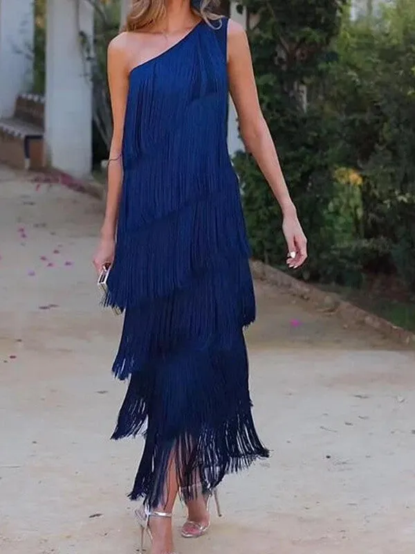 Robe de Soirée Asymétrique Épaule Dénudée Franges Bleues