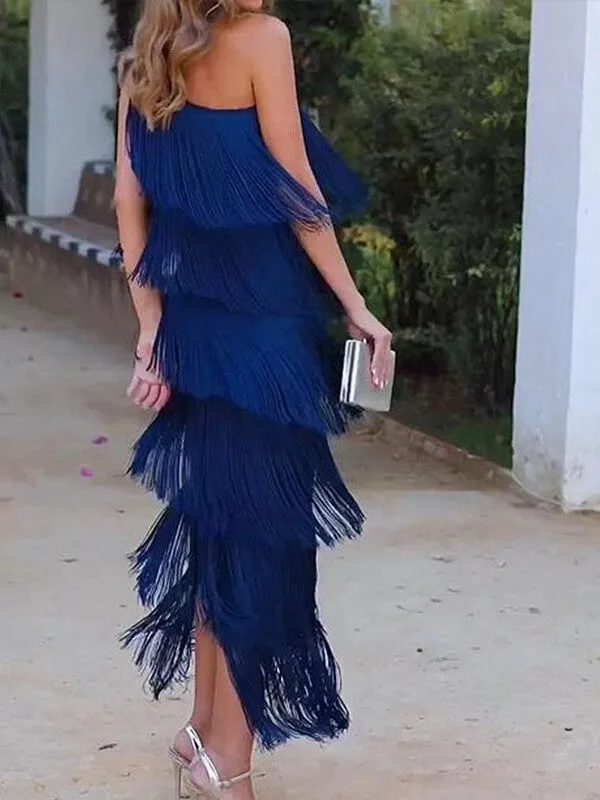 Robe de Soirée Asymétrique Épaule Dénudée Franges Bleues