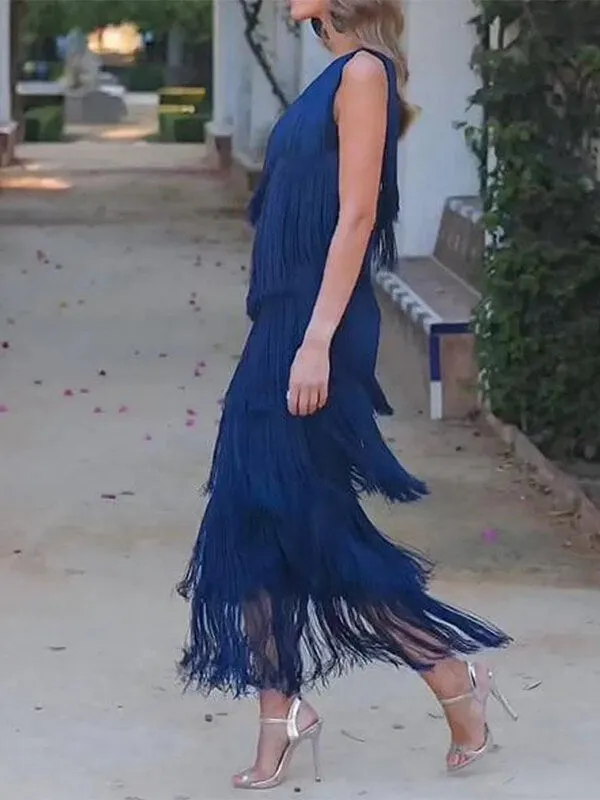 Robe de Soirée Asymétrique Épaule Dénudée Franges Bleues