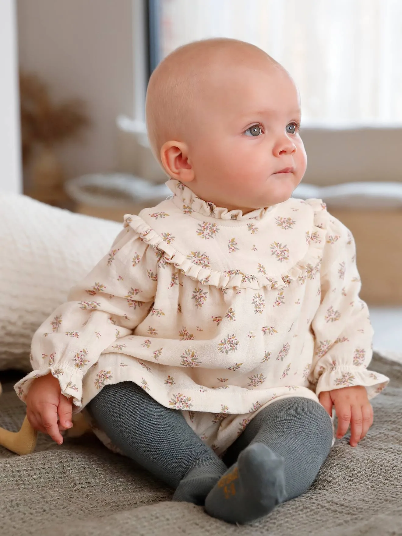 Robe en gaze de coton bébé avec bloomer beige imprimé - Vertbaudet