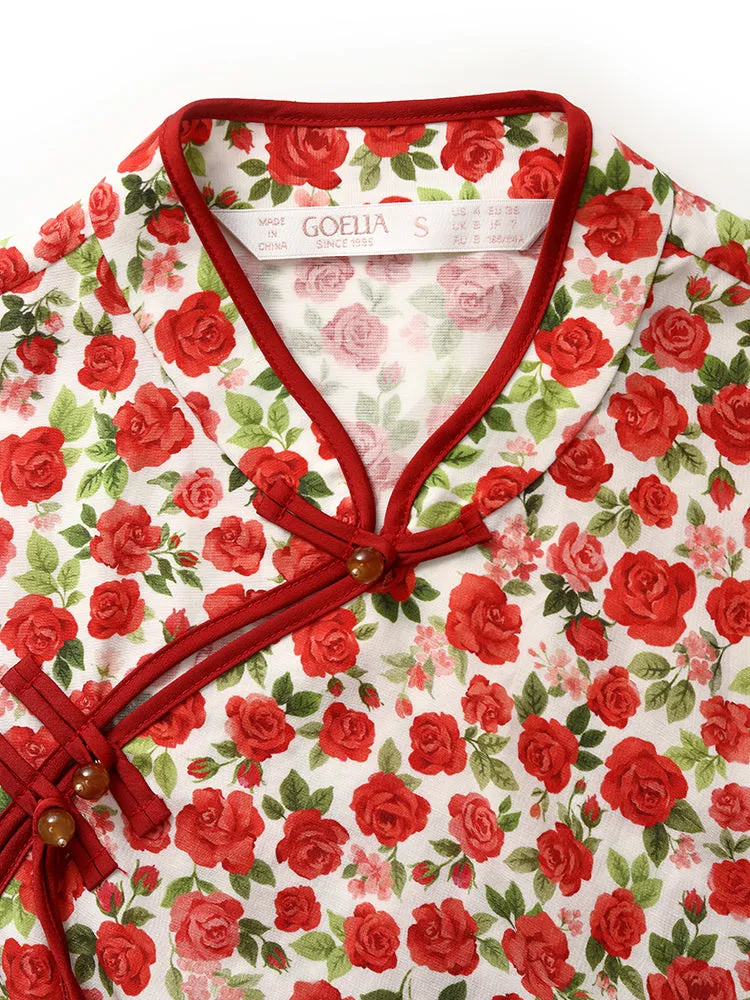 Robe midi Qipao pour femmes Cheongsam à imprimé rose rouge