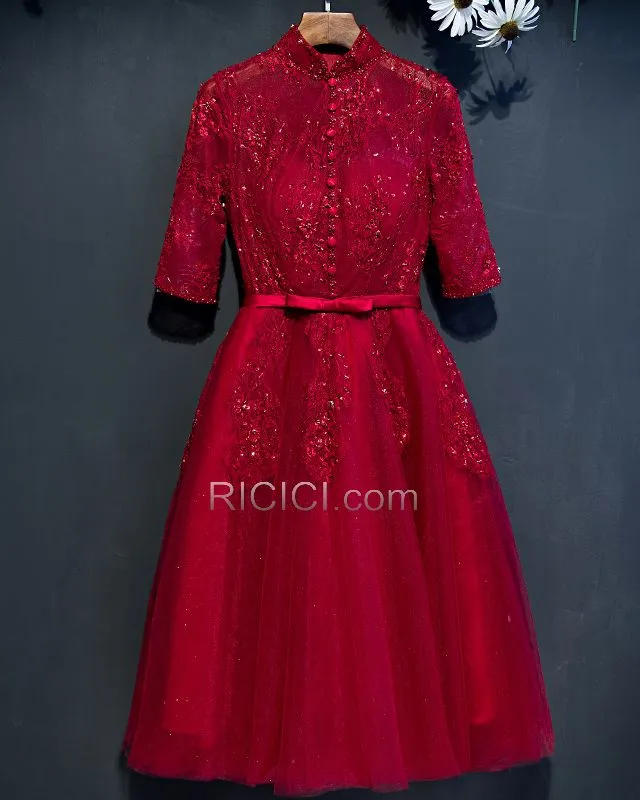 Robe Mère De Mariée Col Haut Robe Pour Mariage Modeste Appliques Dentelle Belle Évasée Perlage