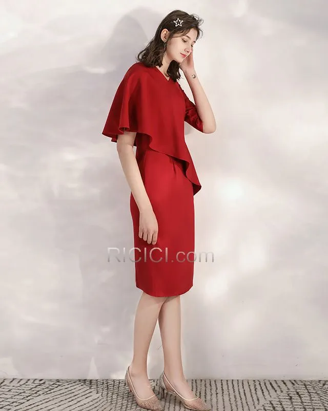 Robe Mère De Mariée Pour Mariage Printemps Simple Courte Col Bateau Bordeaux Robe Temoin Élégant