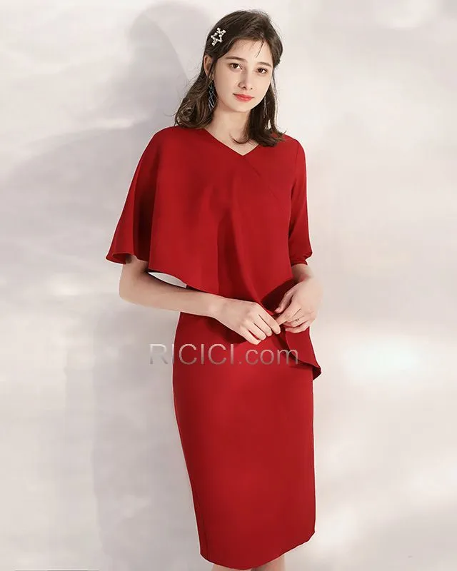 Robe Mère De Mariée Pour Mariage Printemps Simple Courte Col Bateau Bordeaux Robe Temoin Élégant