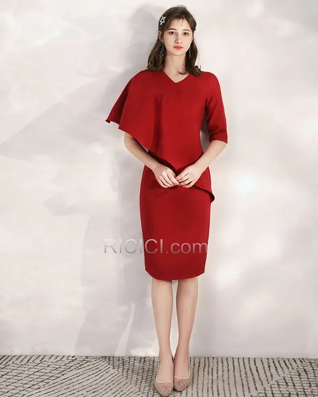 Robe Mère De Mariée Pour Mariage Printemps Simple Courte Col Bateau Bordeaux Robe Temoin Élégant