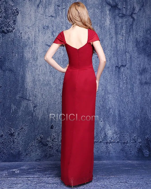 Rouge Élégant Longue Robe Invite De Mariage Volantée Empire Mousseline 2019 Dos Nu Simple