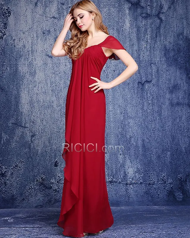 Rouge Élégant Longue Robe Invite De Mariage Volantée Empire Mousseline 2019 Dos Nu Simple