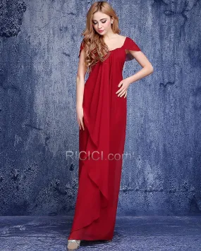 Rouge Élégant Longue Robe Invite De Mariage Volantée Empire Mousseline 2019 Dos Nu Simple