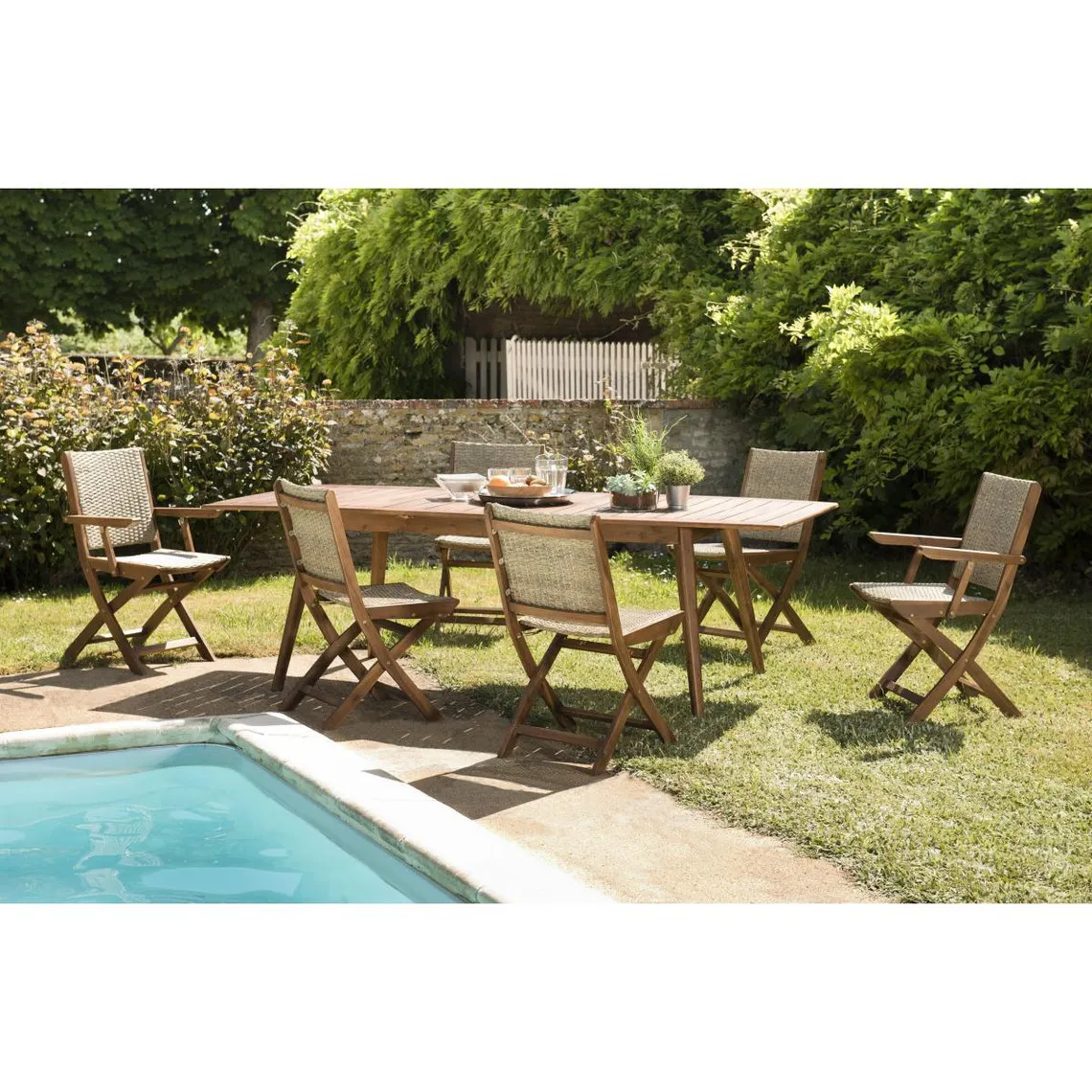 SALON DE JARDIN EN BOIS ACACIA 8/10 pers - Ensemble de jardin- 1 Table rectangulaire extensible 180/240*100 cm 4 chaises 2 faute