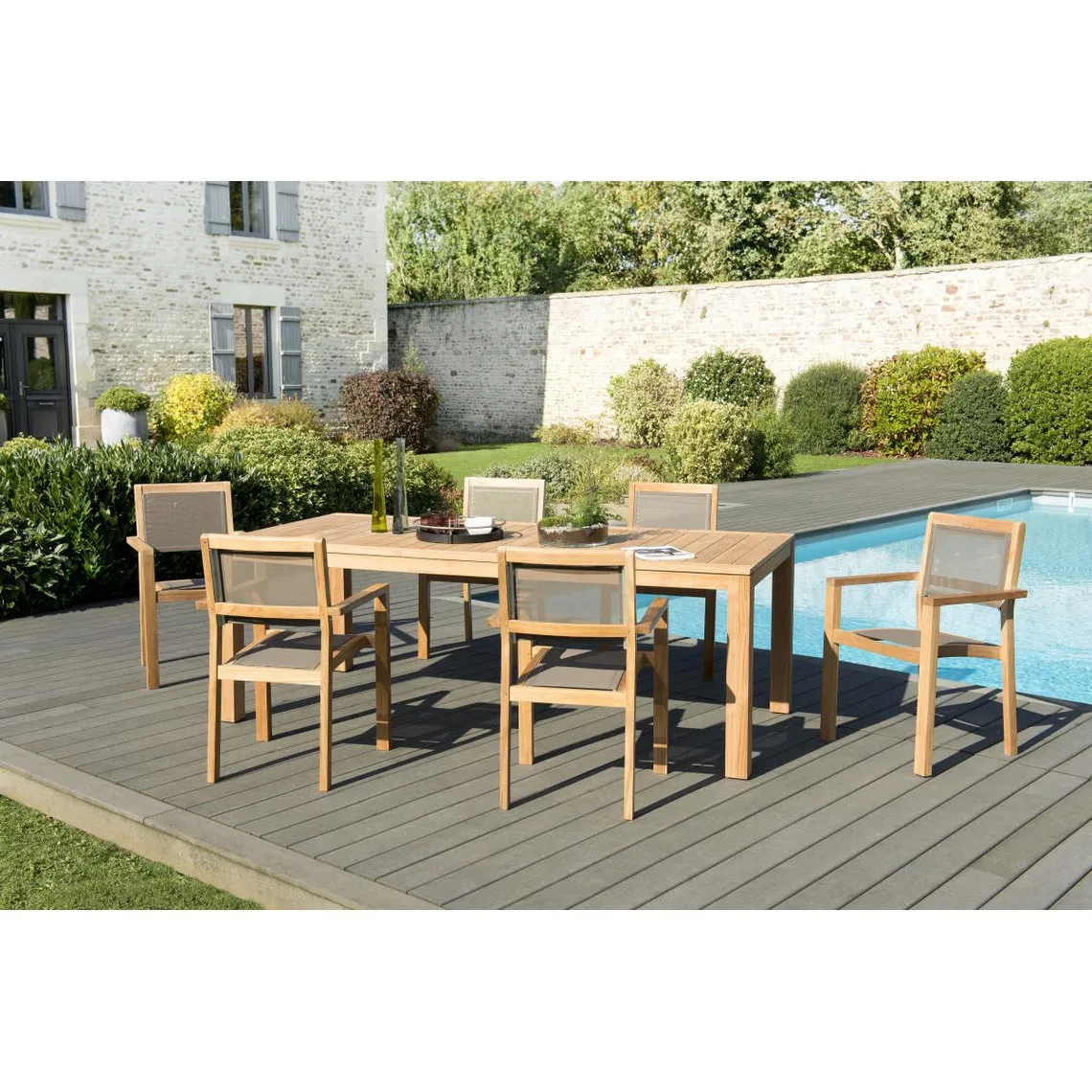 SALON DE JARDIN EN BOIS TECK 6/8 pers : Ensemble de jardin - 1 Table rectangulaire 220*100 cm et  6 fauteuils empilables taupe |