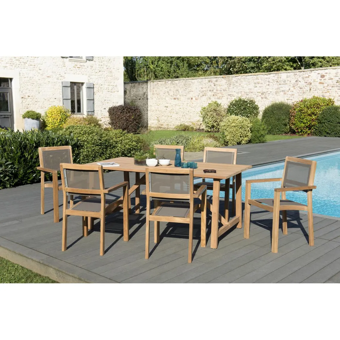 SALON DE JARDIN EN BOIS TECK 6/8 pers -Ensemble de jardin -1 Table rectangulaire 180*90 cm et 6 fauteuils empilables textil&egra