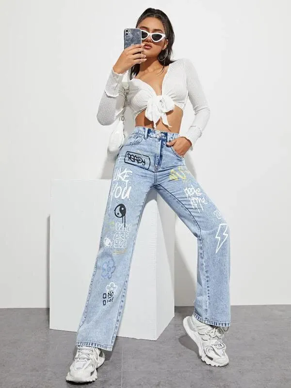 SHEIN ICON Jean slogan et à imprimé taijitu