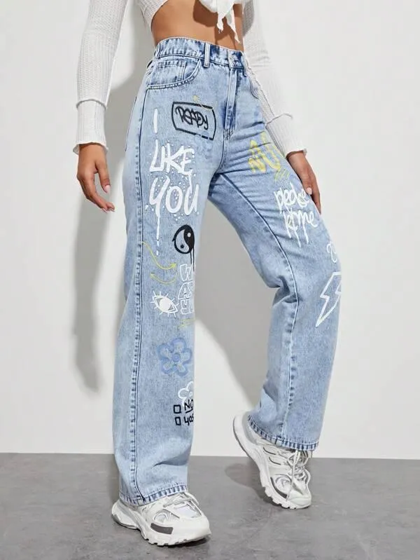 SHEIN ICON Jean slogan et à imprimé taijitu