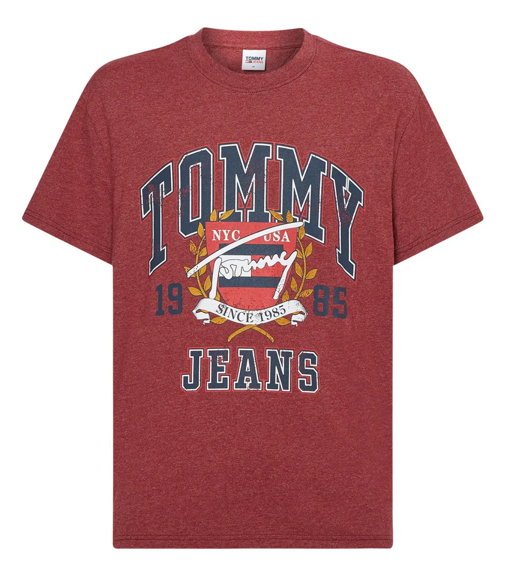 T-shirt col rond Tommy Hilfiger en coton mélangé bordeaux chiné floqué