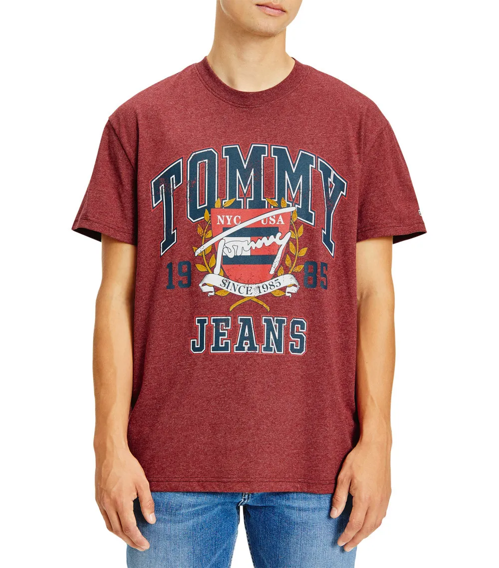 T-shirt col rond Tommy Hilfiger en coton mélangé bordeaux chiné floqué