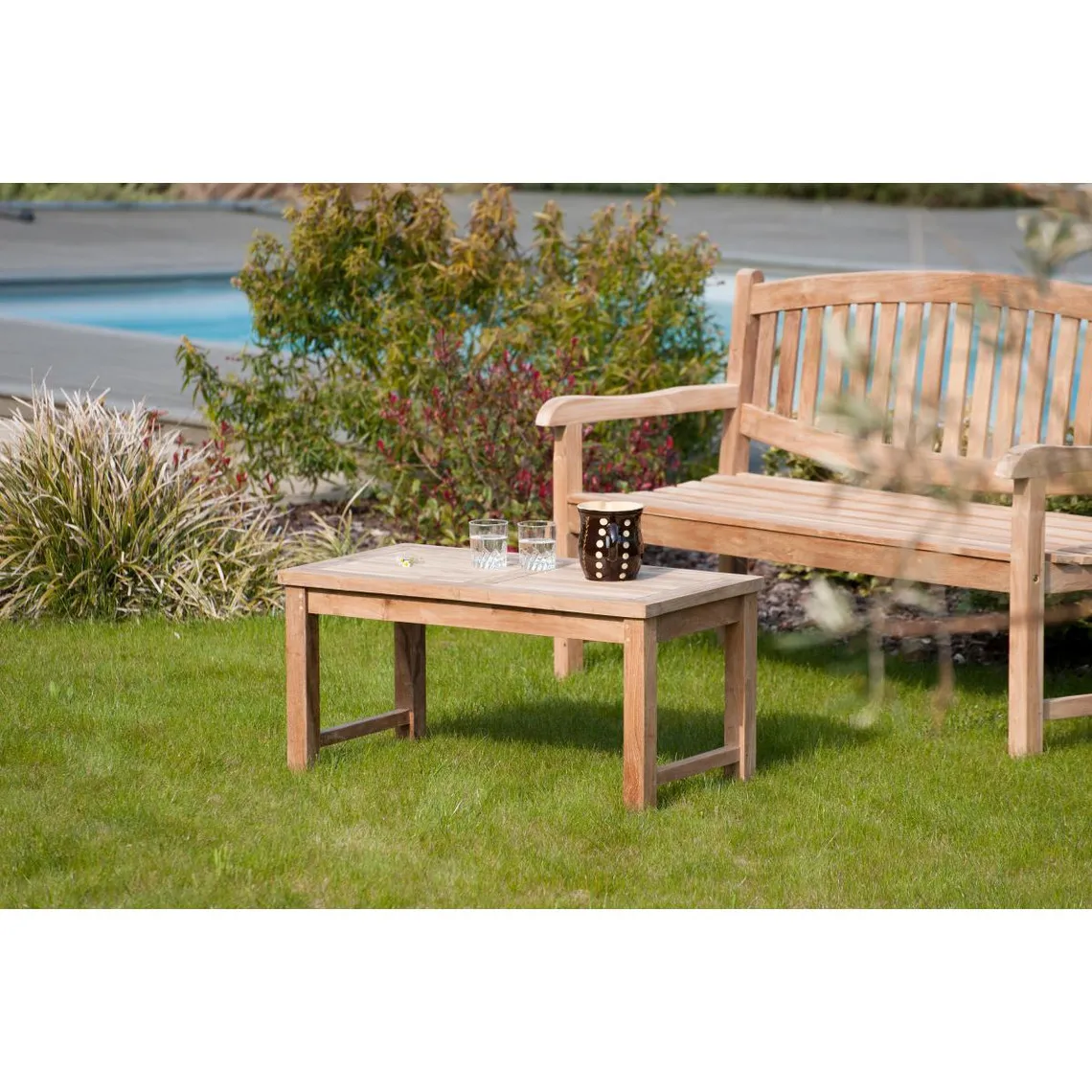 Table basse de jardin 90 x 45 cm en bois Teck | Table de jardin 3 SUISSES