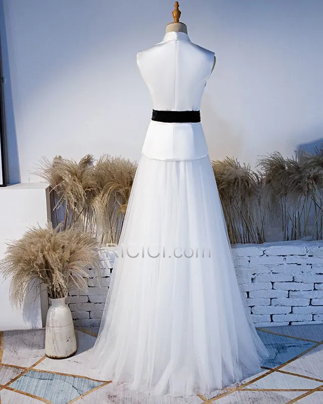 Tulle Longue Blanche Robe De Ceremonie Élégant Sans Manches 2 Pièces Robe De Fiancaille