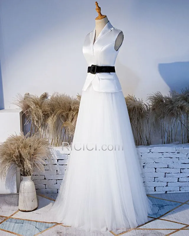 Tulle Longue Blanche Robe De Ceremonie Élégant Sans Manches 2 Pièces Robe De Fiancaille