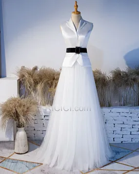 Tulle Longue Blanche Robe De Ceremonie Élégant Sans Manches 2 Pièces Robe De Fiancaille