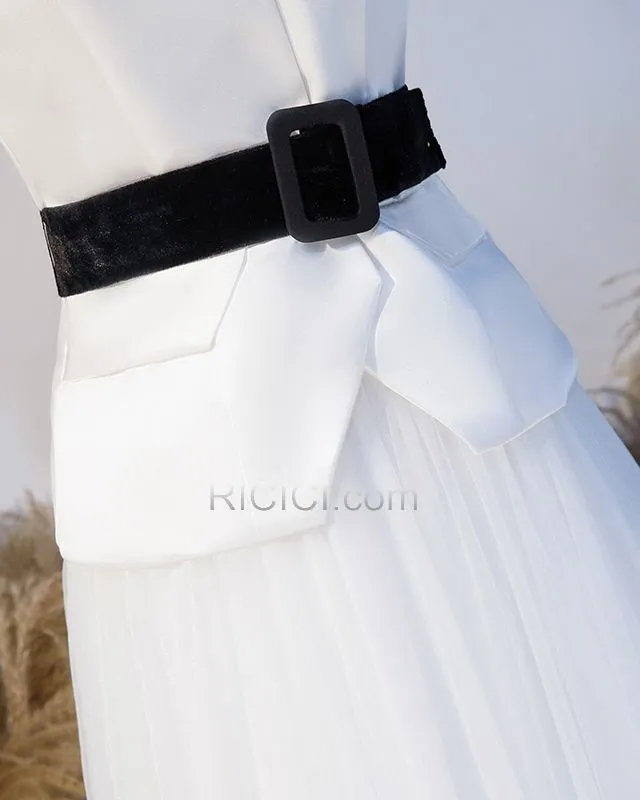 Tulle Longue Blanche Robe De Ceremonie Élégant Sans Manches 2 Pièces Robe De Fiancaille