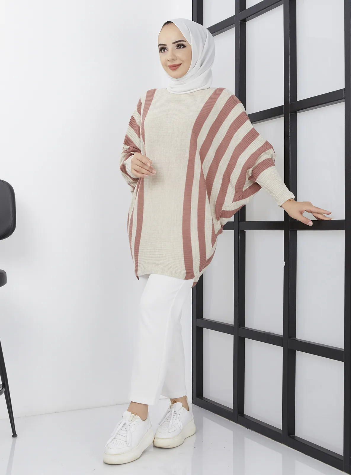 Vertical Striped Bat Sweater Tunic Ecru