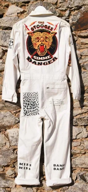 White coverall hand embroidery chainstitch The Stooges/ combinaison blanche brodée points de chanette