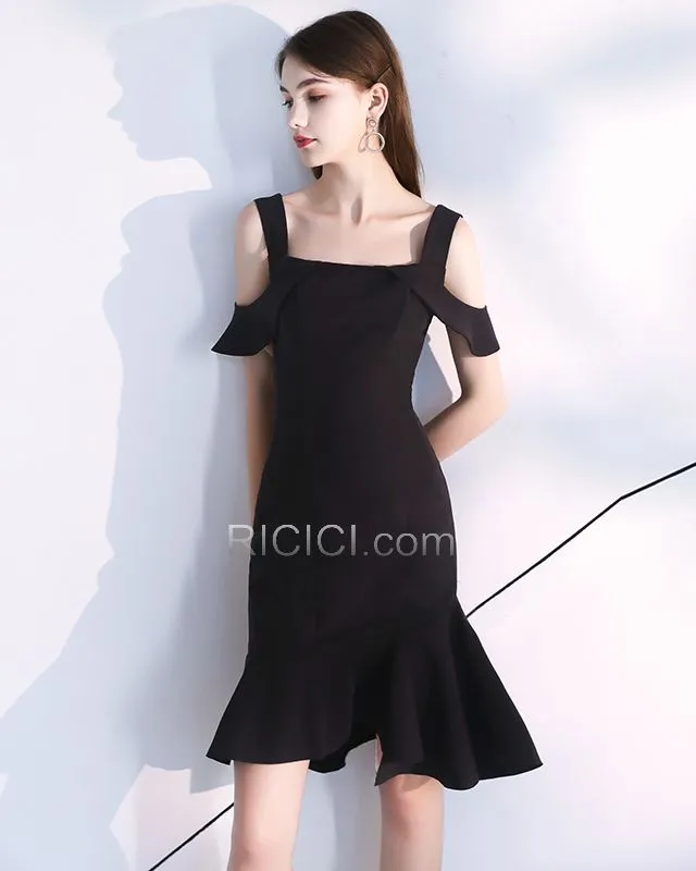 Évasée Noir Simple Dos Nu Longueur Genou Sans Manches À Volants Robe Cocktail Robe Habillée LBD