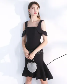 Évasée Noir Simple Dos Nu Longueur Genou Sans Manches À Volants Robe Cocktail Robe Habillée LBD