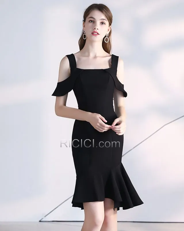 Évasée Noir Simple Dos Nu Longueur Genou Sans Manches À Volants Robe Cocktail Robe Habillée LBD