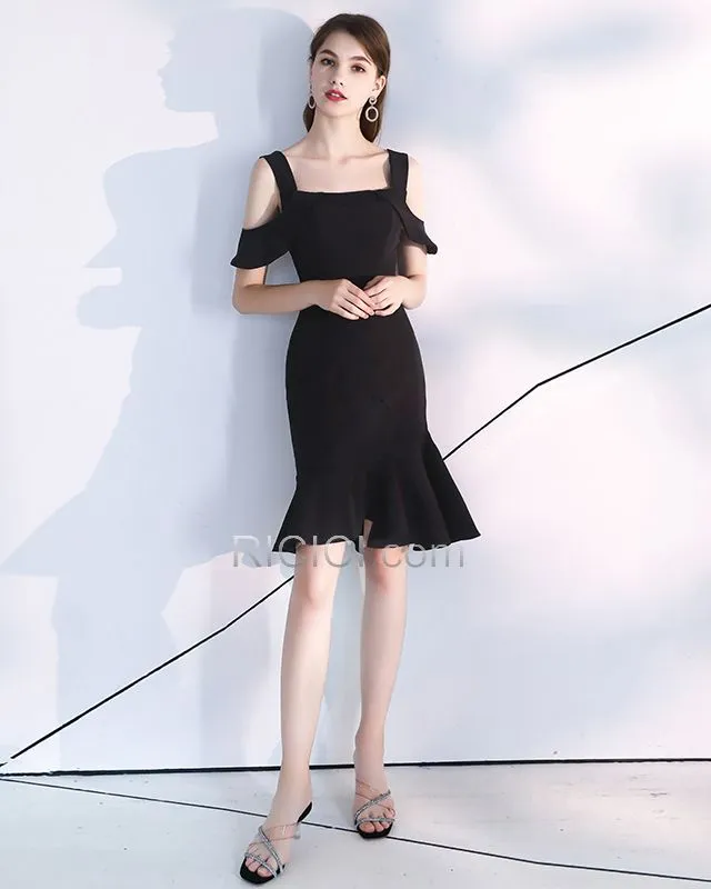 Évasée Noir Simple Dos Nu Longueur Genou Sans Manches À Volants Robe Cocktail Robe Habillée LBD