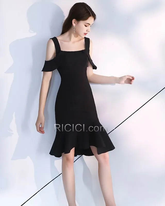 Évasée Noir Simple Dos Nu Longueur Genou Sans Manches À Volants Robe Cocktail Robe Habillée LBD